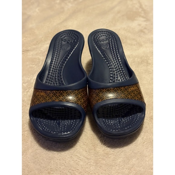 CROCS Shoes - Crocs Women's Sately Wedge Heel Sandals Slides Navy Blue Shoes Size 9 Slip On